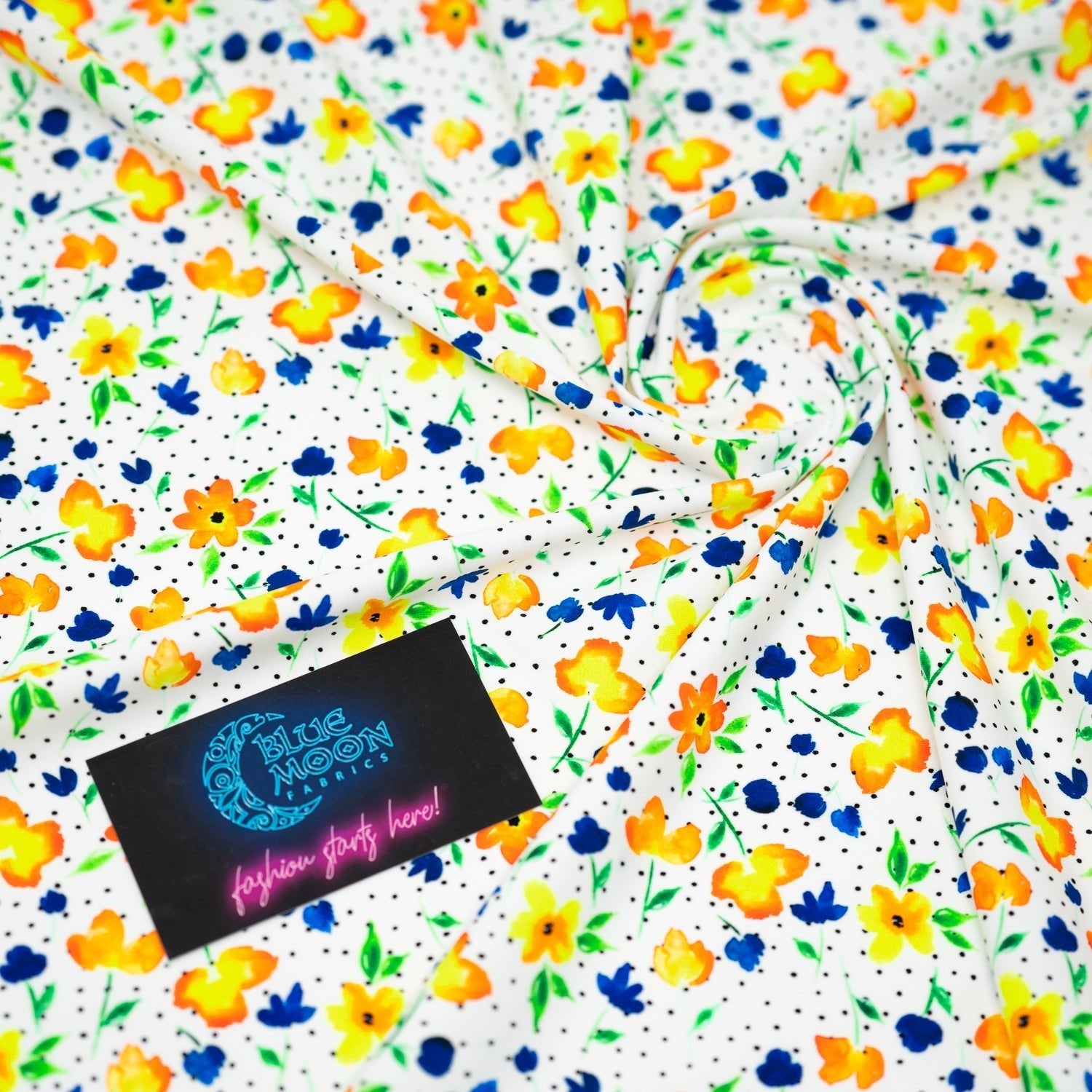 Watercolor Flowers and Black Dots Printed Spandex Fabric | Blue Moon Fabrics
