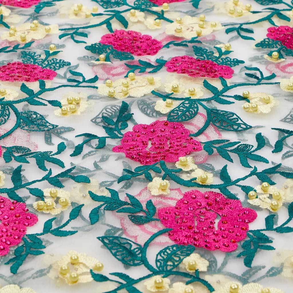 Rose and Vine Embroidered Mesh Fabric | Blue Moon Fabrics