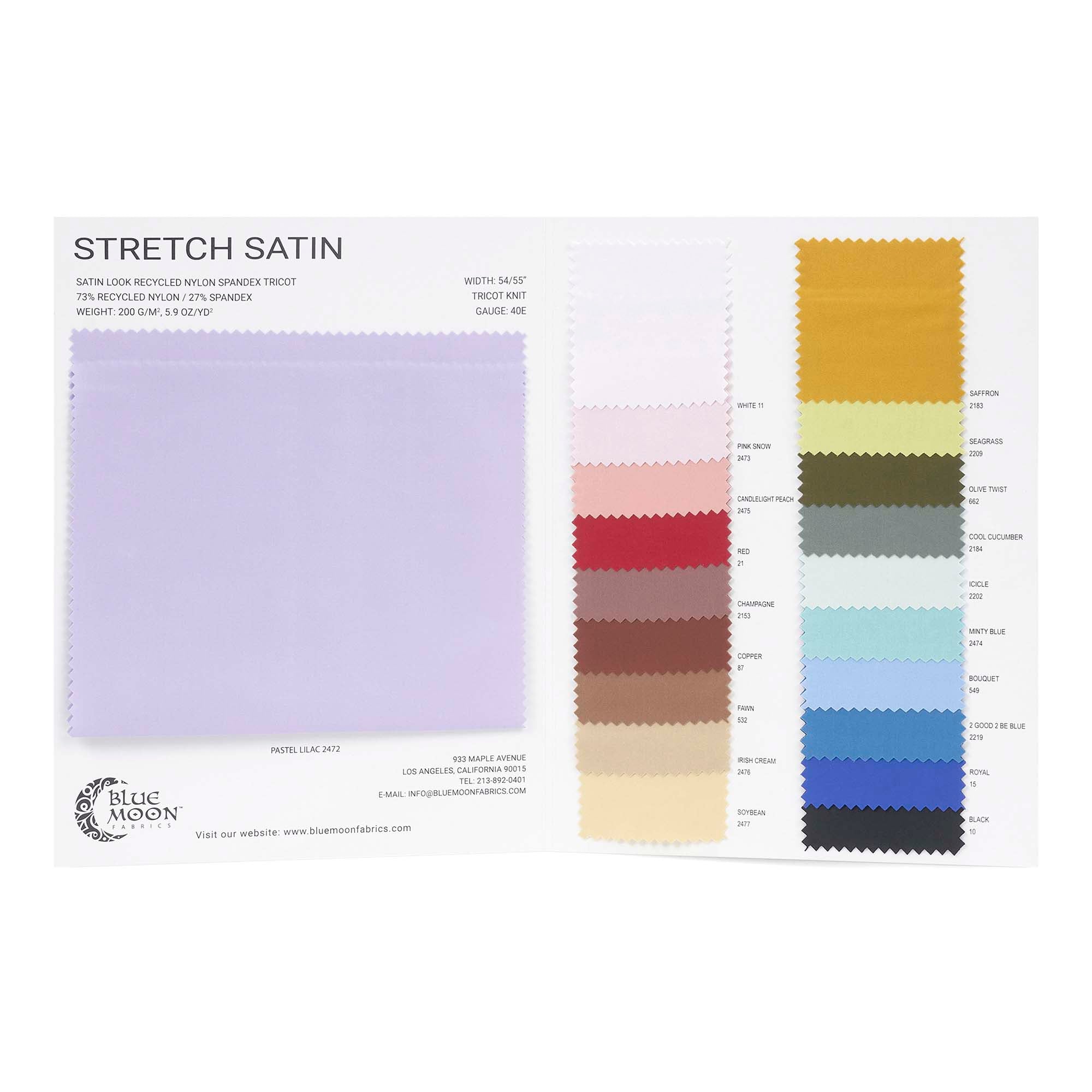 Stretch Satin Look Recycled Nylon Spandex Color Card | Blue Moon Fabrics