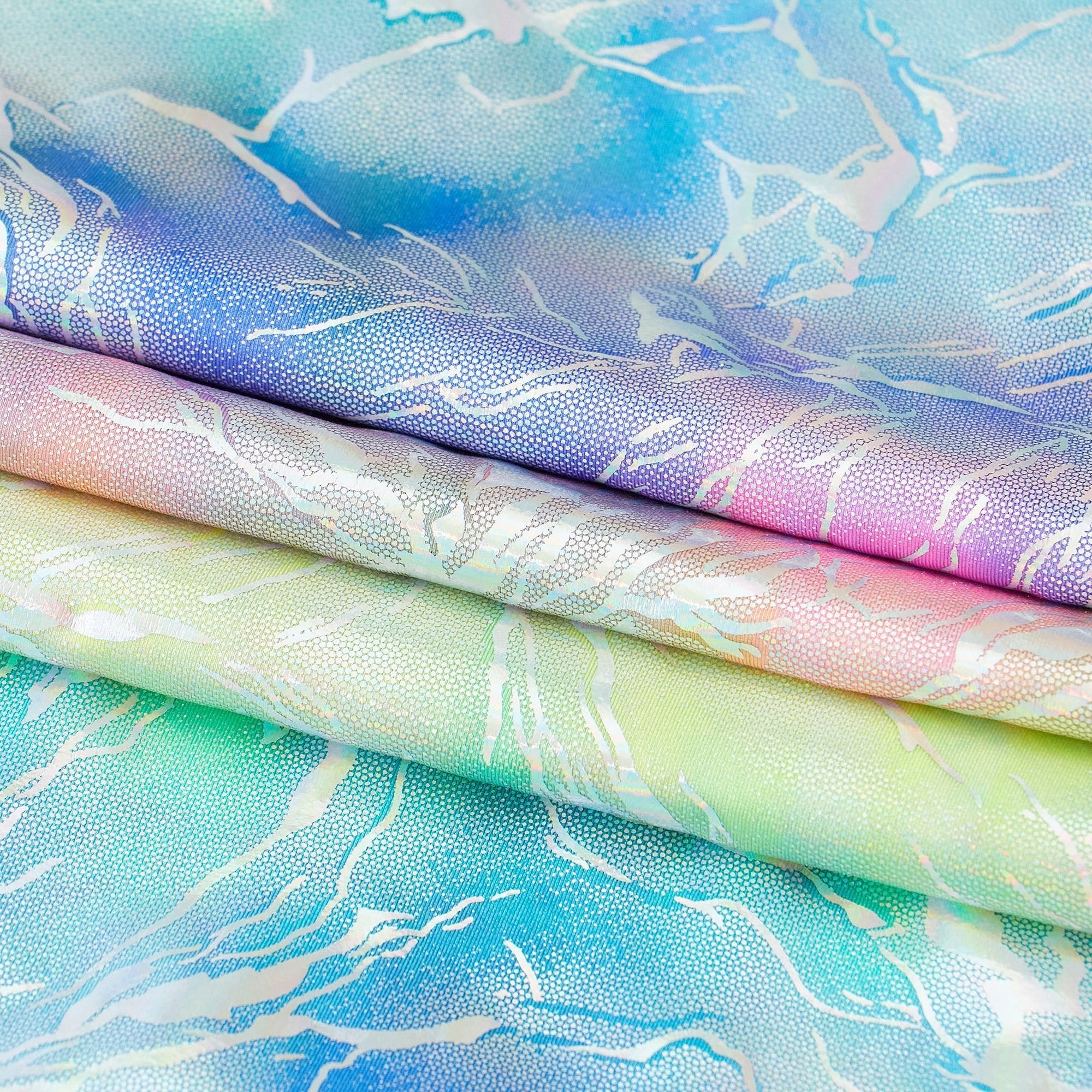 Tie Dye Thunder Hologram Spandex Fabric | Blue Moon Fabrics