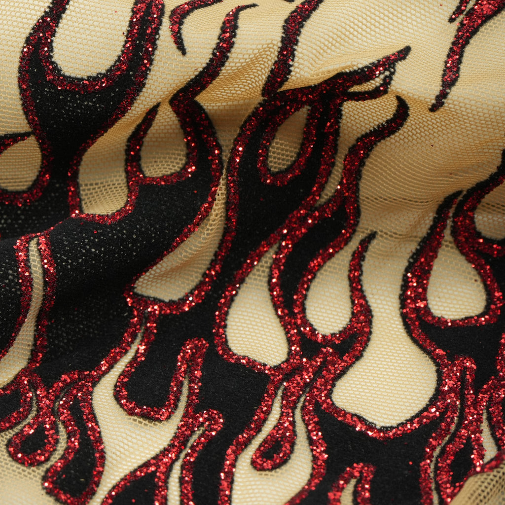 Fiery Glittered Flocked Stretch Mesh Fabric | Blue Moon Fabrics