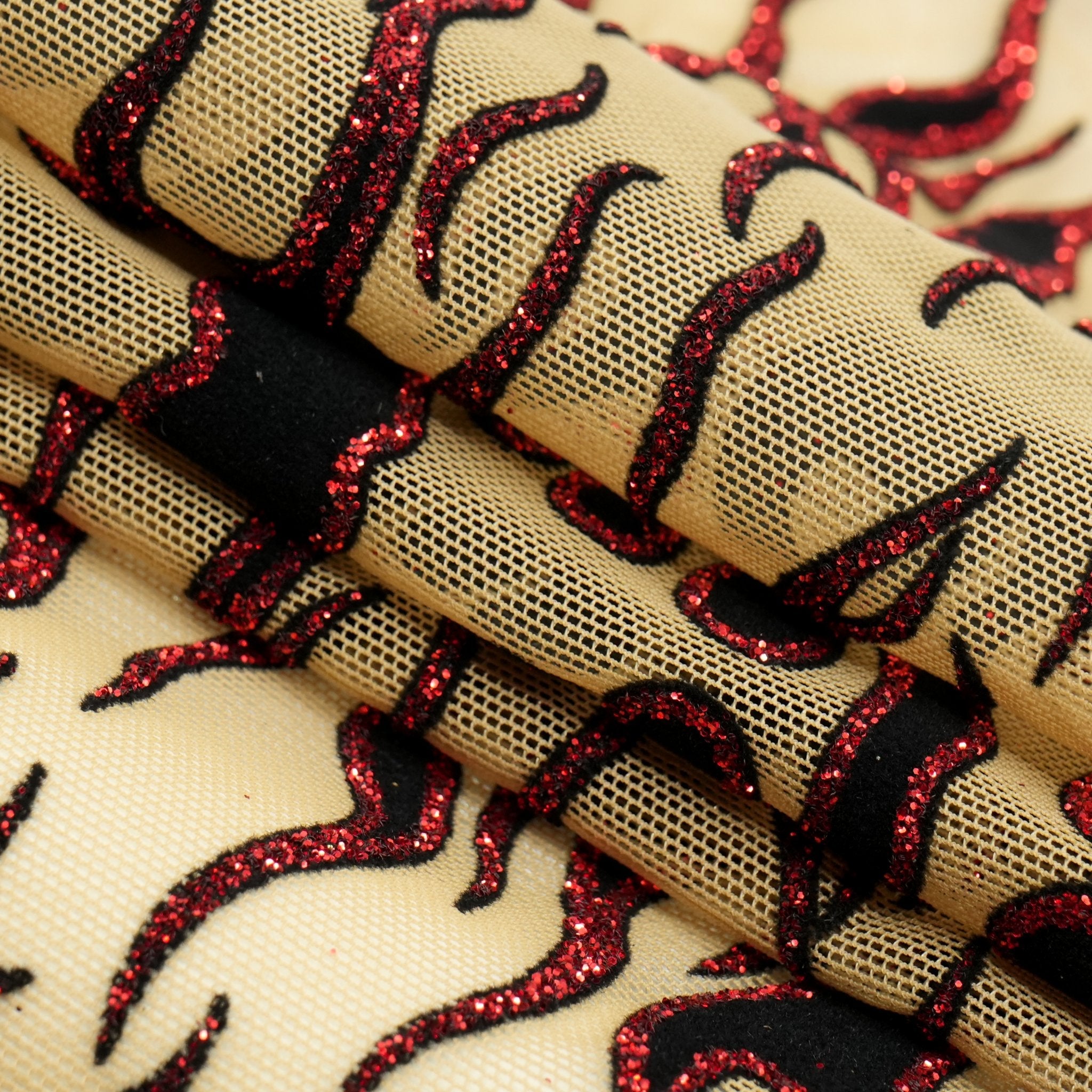 Fiery Glittered Flocked Stretch Mesh Fabric | Blue Moon Fabrics