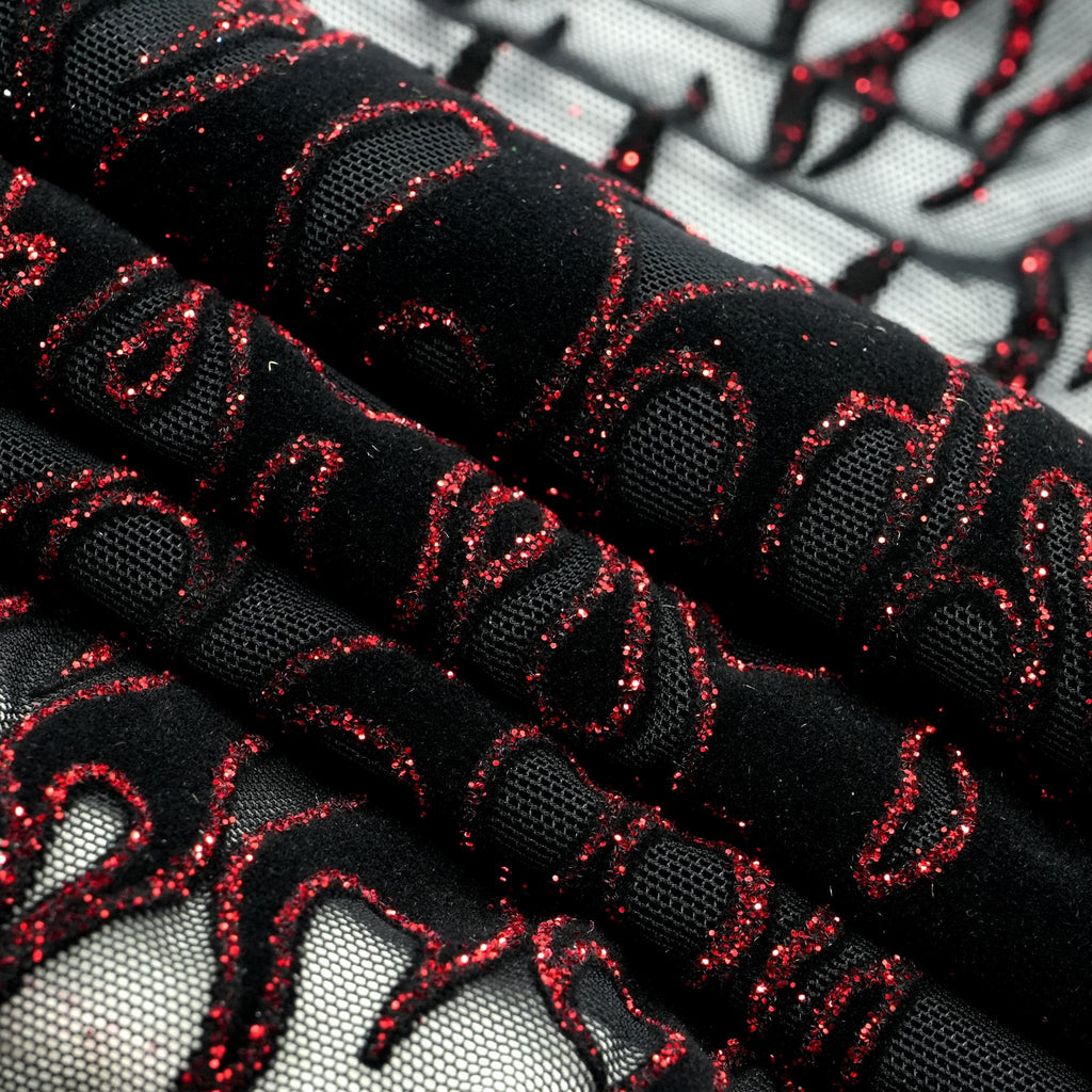 Fiery Glittered Flocked Stretch Mesh Fabric | Blue Moon Fabrics