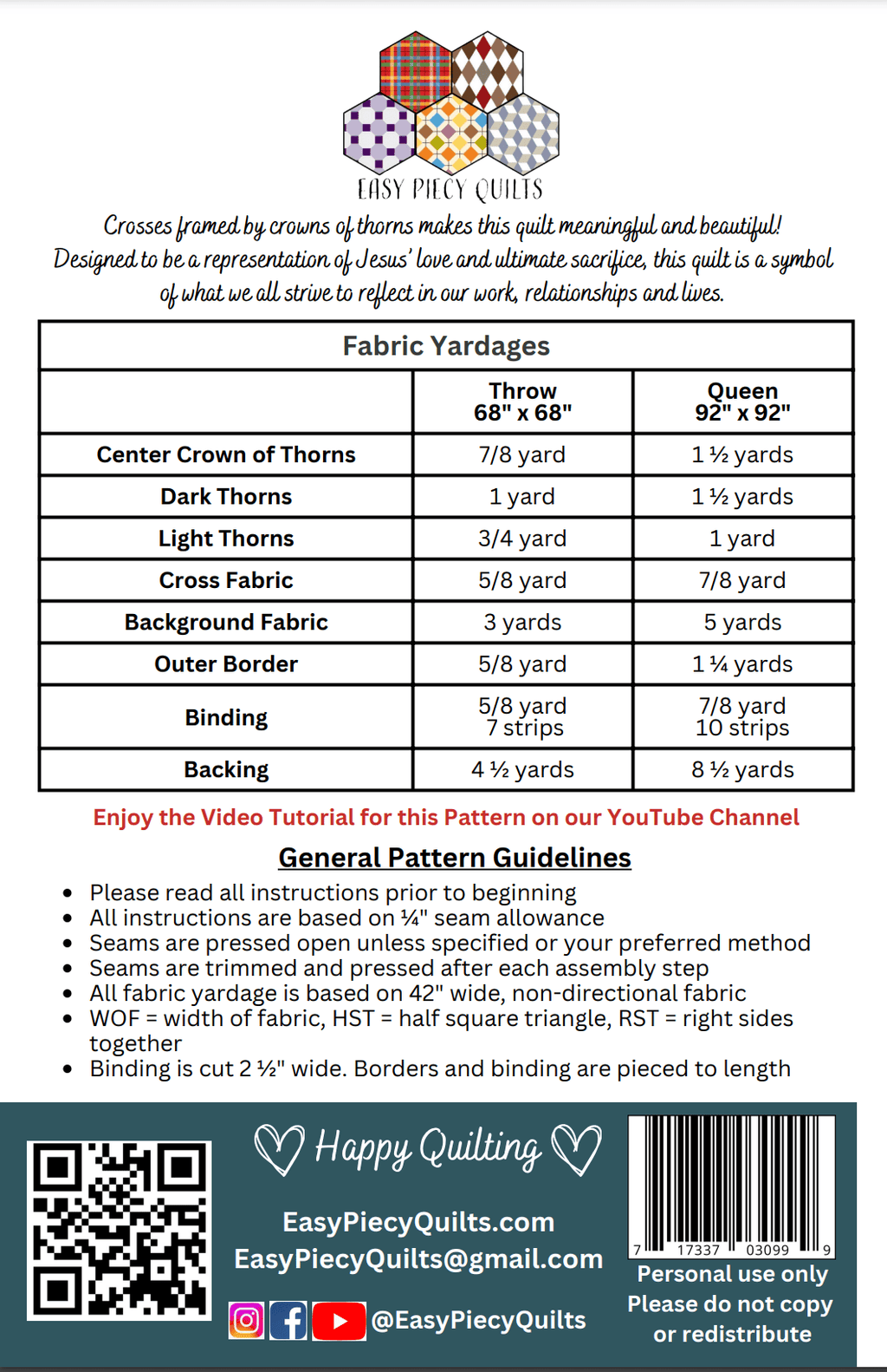 Rugged Cross Quilt Pattern - Paper Print Version